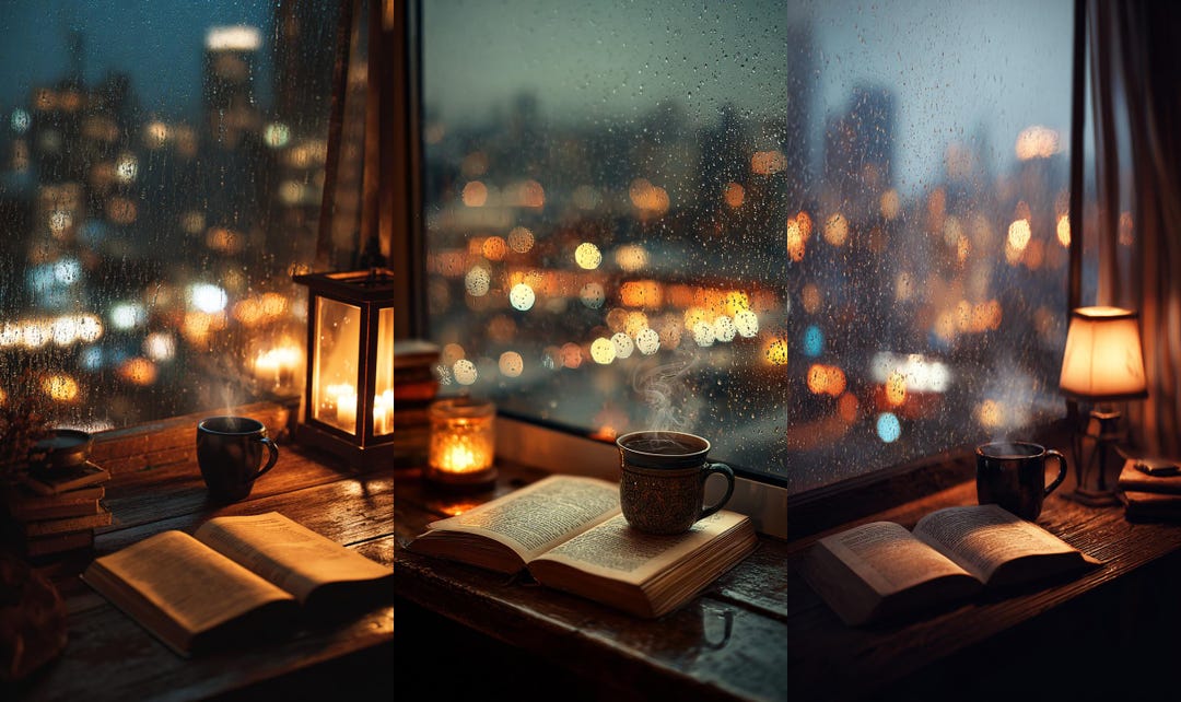 Cozy Rainy Window Reading Nook Phone Wallpaper Set • Warm Lamplight ...
