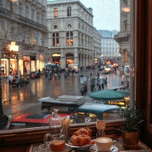 May include: A cozy cafe scene with a rainy street view. A table is set with pastries, coffee, and an open book. The window is covered in raindrops, and the street outside is bustling with activity. A bottle of water and a small potted plant are also on the table.