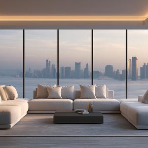 May include: A modern living room with a panoramic view of a city skyline. The room features a large, light-colored sectional sofa with several white pillows. A dark square coffee table sits in front of the sofa. Large windows offer a view of the city.