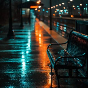 Rainy Train Station at Night Wall Art Set • Cinematic Platform Benches • Moody Urban Rain