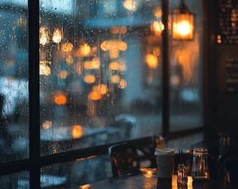 Fondo de pantalla de cafetería lluviosa: fondos de pantalla acogedores a la luz de las velas para el móvil (descarga digital)