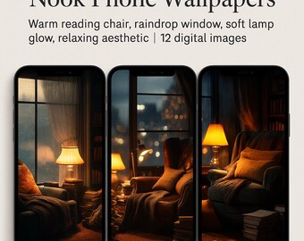 May include: Three phone screens displaying cozy bedroom scenes. Each features a warm reading chair, soft lamp glow, and a raindrop window view. The text at the top reads "Cozy Rainy Bedroom Nook Phone Wallpapers". The description also mentions "12 digital images".