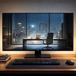 Fondo de pantalla de escritorio con vista a la ciudad en una noche lluviosa, fondo para oficina ejecutiva (descarga digital)