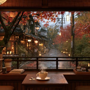 May include: A wooden table with a steaming white ceramic coffee cup sits before a large window overlooking a street lined with autumn trees featuring vibrant red leaves. The interior includes bookshelves, red cushions, and a coffee brewing station.
