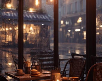 Fondo de pantalla para móvil: Café parisino lluvioso - Vista de ventana vintage (Descarga digital)
