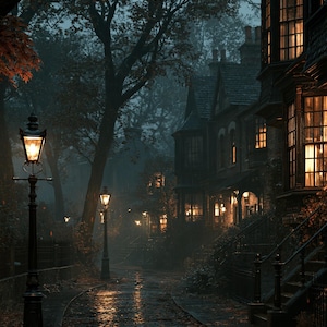 May include: A cobblestone street at twilight lined with dark brick houses featuring glowing windows and black metal railings. Tall black street lamps illuminate the path, while large trees with autumn leaves frame the scene in a dim, misty atmosphere.