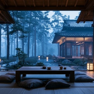 May include: A serene Japanese-style interior with a low wooden table, cushions, and tea sets. The view opens to a misty forest and traditional architecture. Lanterns illuminate the space, creating a tranquil atmosphere.