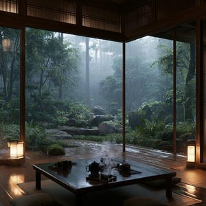 Puede incluir: Una mesa baja de madera oscura se asienta sobre una alfombra tejida en una habitación con ventanales. La mesa sostiene una tetera oscura y tazas pequeñas con vapor. Dos cojines de suelo están cerca y dos linternas iluminan el espacio.
