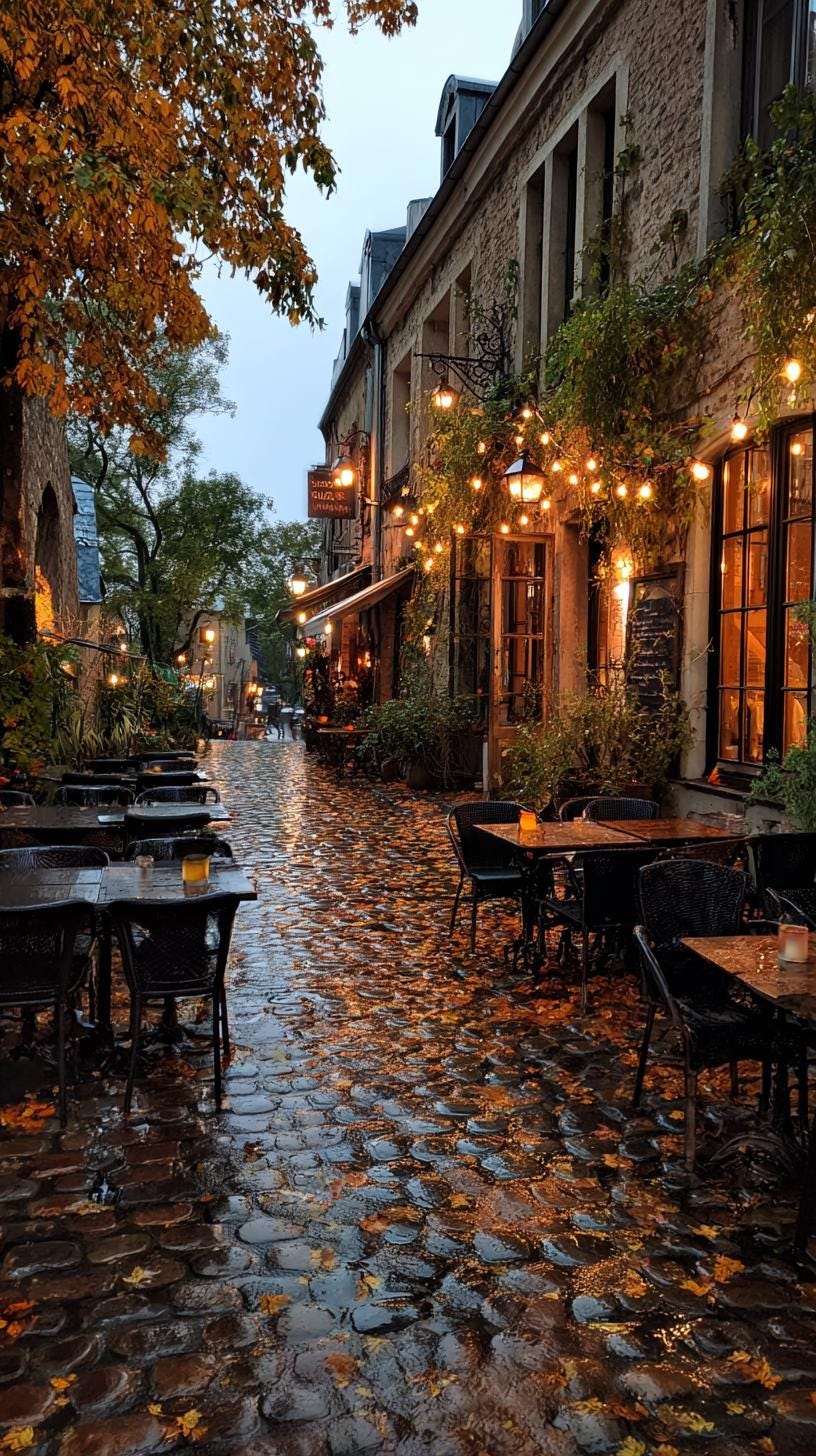 Cozy Autumn Café Phone Wallpapers – Rainy European Street, Warm Lights ...