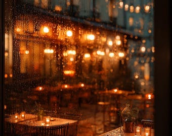 Fondo de pantalla de París en una noche lluviosa • Fondo de pantalla para móvil con ventana de cafetería acogedora (Descarga digital)
