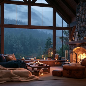 May include: A cozy living room featuring a large stone fireplace with a burning fire, floor-to-ceiling windows overlooking a forest, two dark sofas with tan blankets, a wooden coffee table, and two tall wooden bookshelves filled with books.