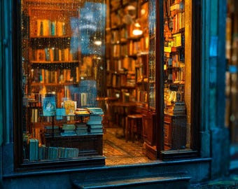 Rainy Bookstore Window Phone Wallpaper: Mysig europeisk natt (digital nedladdning)