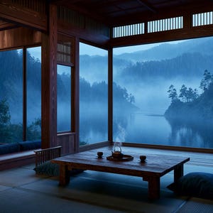 以下が含まれることがあります： 暗い木枠、畳の床、霧のかかった湖と森を見渡す大きなガラス窓を備えた伝統的な日本風の部屋。中央にはティーセットが置かれた低い木製のテーブルがあり、その両脇にはフロアクッションと光るランプが配置されています。