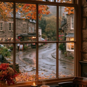 May include: A steaming brown ceramic coffee cup on a saucer sits on a dark wooden table next to a small lit candle and a vase of autumn flowers. A large window overlooks a rainy street with stone buildings and trees with orange autumn foliage.