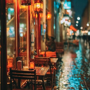Könnte beinhalten: Eine regnerische Nachtszene vor einem europäischen Café. Holztische und -stühle stehen auf einer Kopfsteinpflasterstraße. Laternen hängen über dem Eingang und werfen einen warmen Schein. Die nasse Straße reflektiert die Lichter.