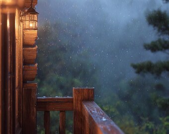 Fonds d'écran pour téléphone portable : Balcon de cabane confortable – Vue sur la montagne sous la pluie (Lot de 12)
