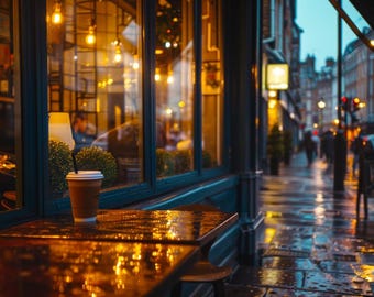 Rainy London Street Wallpaper | 4K Cozy Cafe Scenes (Digital Download)