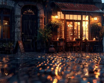 European Cafe Night Wallpaper | Cozy Rainy 4K Desktop Backgrounds (Digital Download)