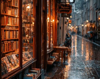 May include: A bookstore exterior on a rainy day. The shop features large windows displaying stacks of books. The wooden frame reflects the warm interior light, contrasting with the wet cobblestone street. A sign hangs above the entrance.
