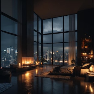 Puede incluir: Un dormitorio de lujo con vistas a la ciudad por la noche. Grandes ventanales enmarcan el paisaje urbano, con una chimenea y velas que añaden calidez. La habitación cuenta con una cama, asientos y un suelo oscuro y pulido.