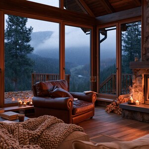 May include: A cosy living space featuring a brown leather armchair, a stone fireplace with a burning fire, and large windows overlooking a misty mountain forest. A thick, textured brown knit blanket rests on a sofa in the foreground.