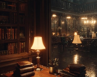 Dark Academia Library Phone Wallpaper • Moody Rainy Study (Digital Download)
