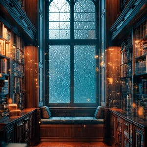 May include: A cozy library interior with dark wood paneling and bookshelves lining the walls. A large arched window with raindrops overlooks a rainy scene. A window seat with pillows is visible.