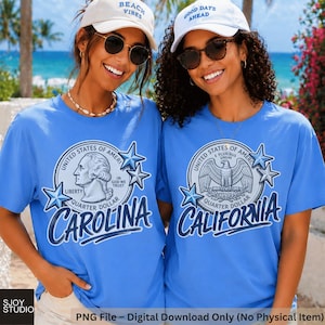 May include: Two women wearing light blue t-shirts with a quarter dollar design. One shirt says "Carolina" and the other says "California". Both shirts have a circular design with an eagle or a portrait. They are wearing white caps and sunglasses.
