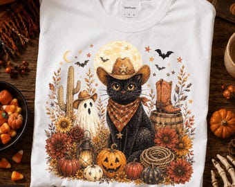Gato negro moderno de Halloween occidental PNG, diseño de sublimación de Halloween espeluznante con pinceladas, diseño de casa embrujada femenina, PNG floral preppy de otoño