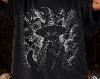 Halloween Gato negro Bruja Semitono PNG, Arte oscuro de bruja vintage Luna llena Murciélago espeluznante, Diseño de camiseta de amante de las mascotas brujas, Gráfico de animales espeluznantes,