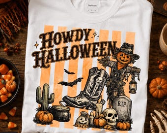 Paquete de 3 PNG de Howdy Halloween, PNG de Halloween del Oeste, Gráfico de camisa de calabaza vaquera a rayas, Descarga digital de sublimación de temporada espeluznante de rodeo