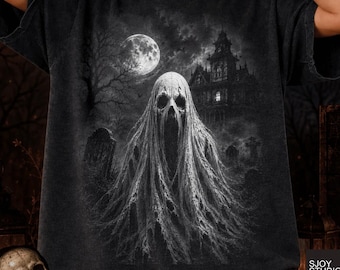 Fantasma de Halloween en semitono blanco y negro PNG, semitono PNG, diseño de camiseta de casa embrujada, escena otoñal espeluznante, temporada de monstruos clásicos