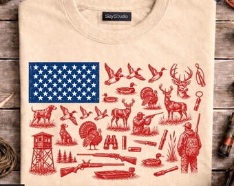 PNG de caza patriótica de EE. UU., diseño de camiseta con la bandera de caza estadounidense, PNG de bandera estadounidense de caza retro, descarga digital para el 4 de julio para amantes de la naturaleza
