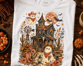 Western Haunted House PNG, Farmhouse Halloween PNG, Trendy Brushstroke Spooky Design, Girly Halloween Season, Preppy Floral Fall PNG