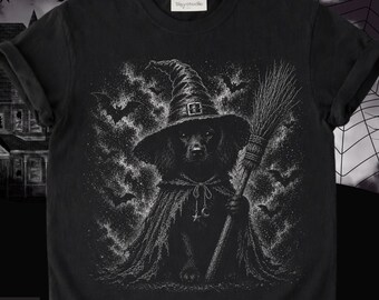 Perro negro de Halloween con bruja en semitono PNG, diseño de camiseta de perro de Halloween, diseño de camiseta para amantes de las mascotas con temática de brujas, gráfico de animales espeluznantes. Regalos para amantes de los perros