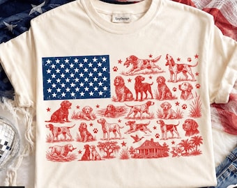 Perro de caza patriótico de EE. UU., diseño de camiseta con la bandera del perro de caza local del sur de EE. UU., bandera retro de caza estadounidense PNG, hombre de campo del 4 de julio