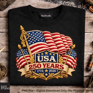 May include: Black sweatshirt with a patriotic design. It features the American flag and the text "USA 250 YEARS 1776-2026". The design includes stars, stripes, and a banner. The sweatshirt has a crew neck and long sleeves.