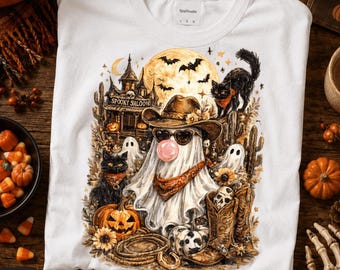 Western Halloween Ghost Pink Bubble Gum PNG, Brushstroke Halloween Sublimation Design, Girly Haunted House Shirt Design, Trendy Floral Fall