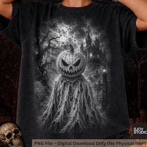 May include: A black t-shirt featuring a detailed graphic of a menacing jack-o'-lantern with a jagged, glowing grin. The pumpkin figure is draped in tattered, ghost-like fabric, set against a dark, eerie landscape with a gothic castle and bats.