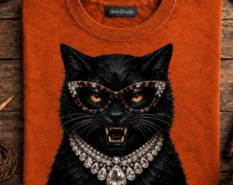 Gato glamuroso de Halloween PNG, diseño de gatito elegante, amante de los gatos espeluznantes de moda PNG, gráfico de animales de Halloween, gato negro glamuroso, disfraces de Halloween PNG
