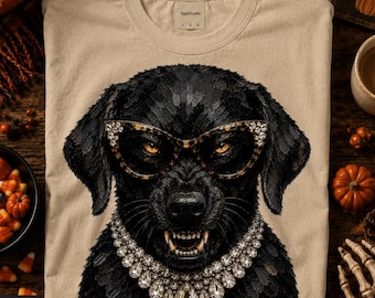 Perro glamuroso de Halloween PNG, diseño de perro elegante, amante de los perros modernos y espeluznantes PNG, gráfico de animales de Halloween, perro negro glamuroso, disfraces de Halloween PNG