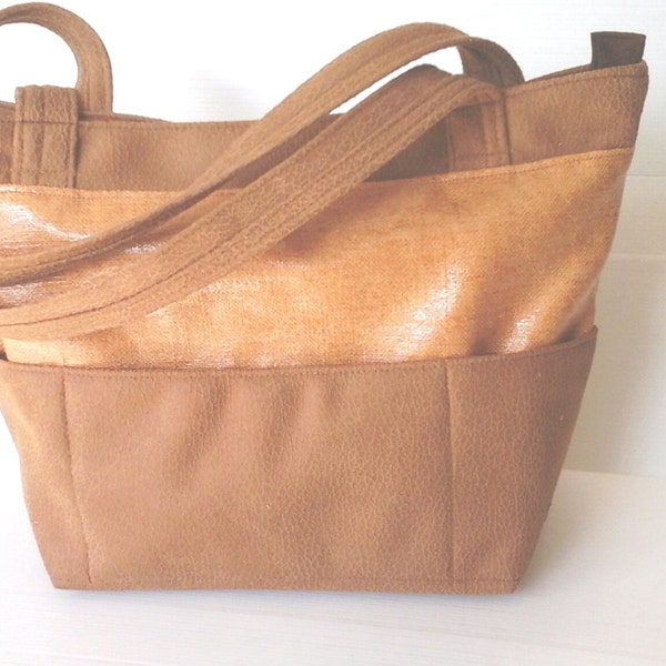 summer bag, brown orange vegan purse, outside pockets over the shoulder bag, city bag, roomy bag, chic bag,