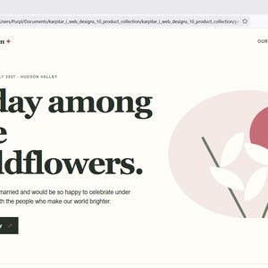 Peut inclure: Une page d'accueil de site web pour Sage & Rowan avec le texte A day among the wildflowers, Saturday 18 July 2027, Hudson Valley et RSVP for the day. Le design inclut un cercle rouge foncé et des feuilles blanches sur un fond rose pâle.