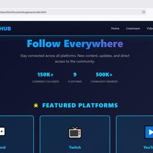 May include: A dark blue webpage titled Creator Hub featuring the text Follow Everywhere, 150K+ combined followers, 9 platforms, and 500K+ community members. Below, a section titled Featured Platforms displays icons for Discord, Twitch, and YouTube.