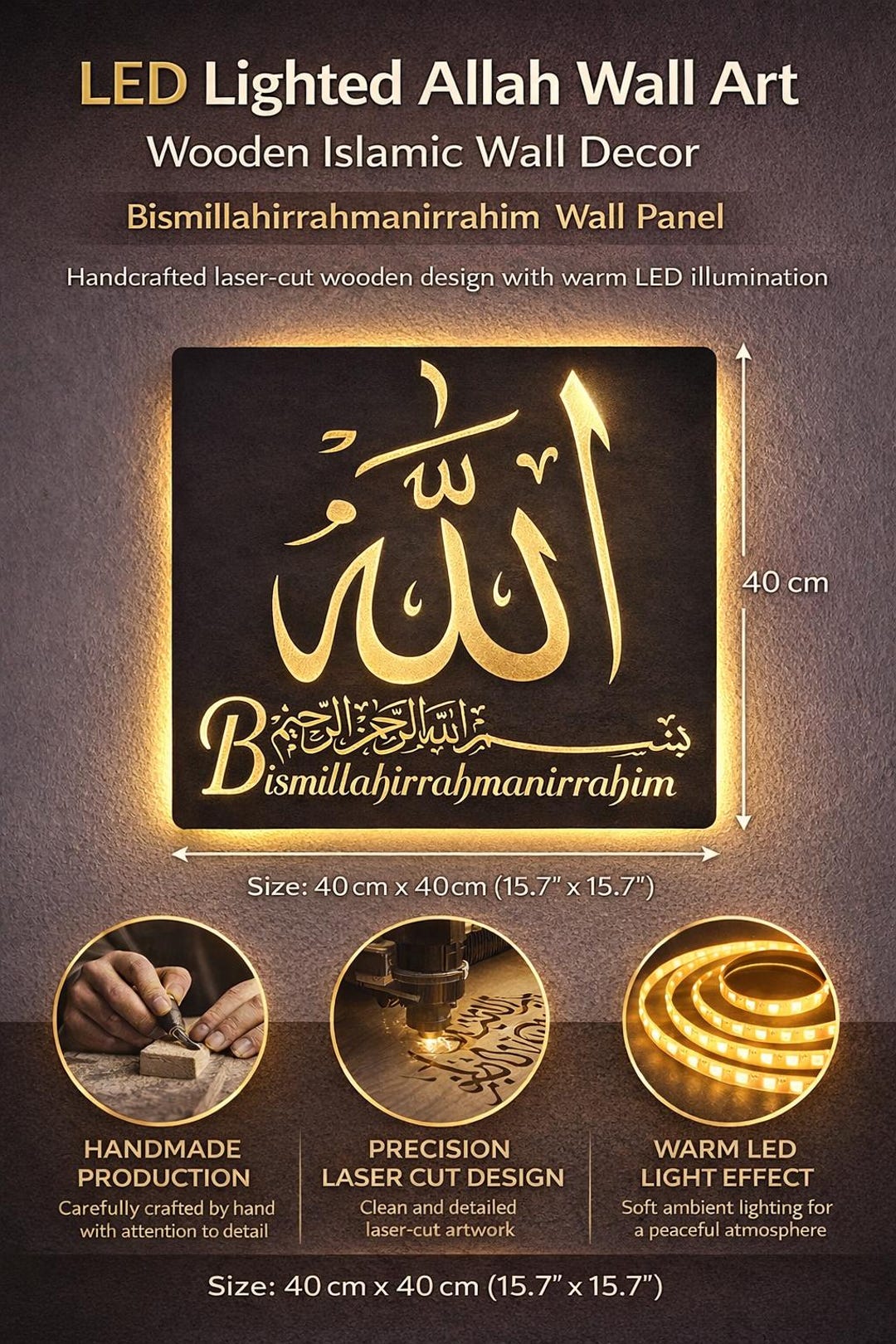 Islamic LED Wooden Wall Art – Allah Calligraphy & Bismillah Decor ...