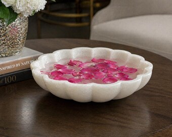 Hand-Carved Scalloped Marble Bowl | Unpolished White Stone Centerpiece, Organizer, Urli