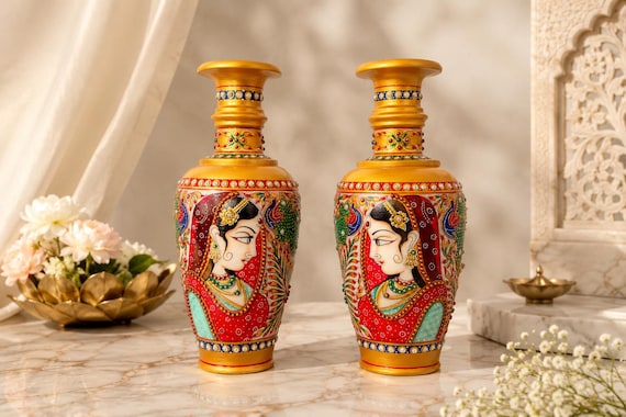Hand Painted Marble Vases | Rajasthani Art Decor, Indian Traditional Home Accent