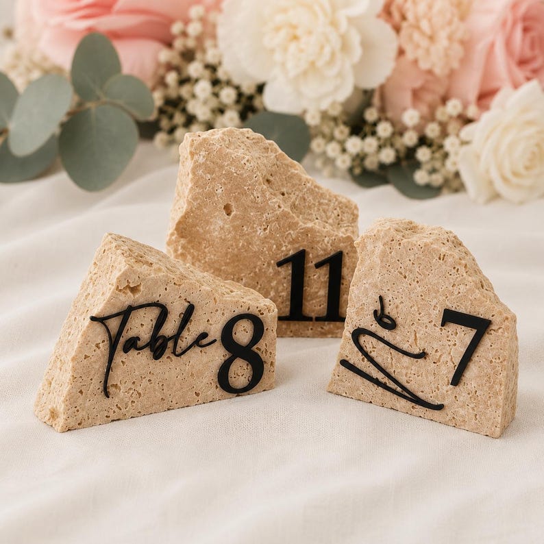 May include: Three beige stone table number holders with black numbers. One reads "Table 8", another "11", and the third "7". The background features a soft white cloth and a bouquet of pink and white flowers.