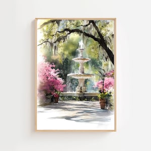 Forsyth Park Fountain Savannah GA aquarel kunst print poster zuidelijke tuin azalea's en Spaans mos