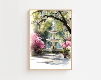 Forsyth Park Fountain Savannah GA Watercolor Art Print  Southern Garden Azaleas & Spanish Moss Poster